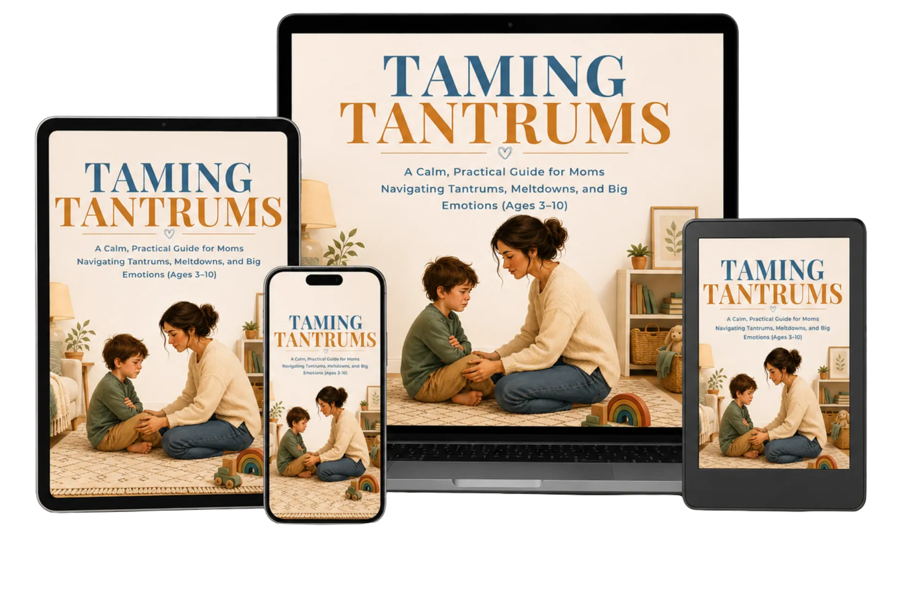 Taming Tantrums digital guide on laptop, tablet, phone and e-reader