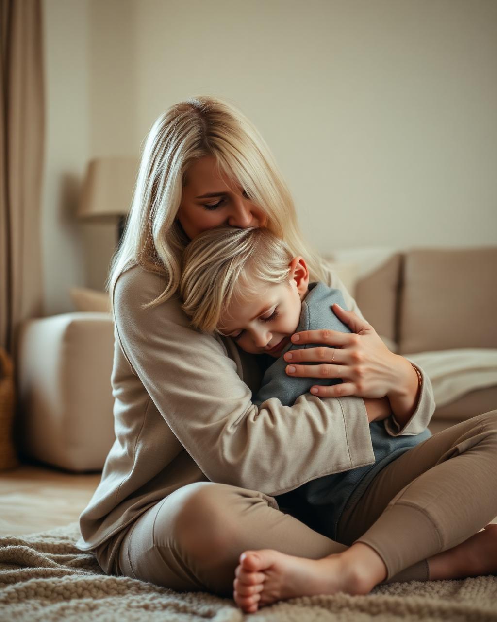 Mother holding her overwhelmed child on the living room floor