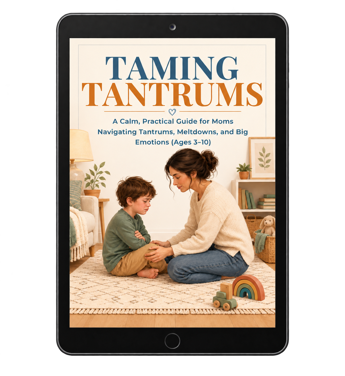 Taming Tantrums guide displayed on a tablet for moms of children ages 3 to 10
